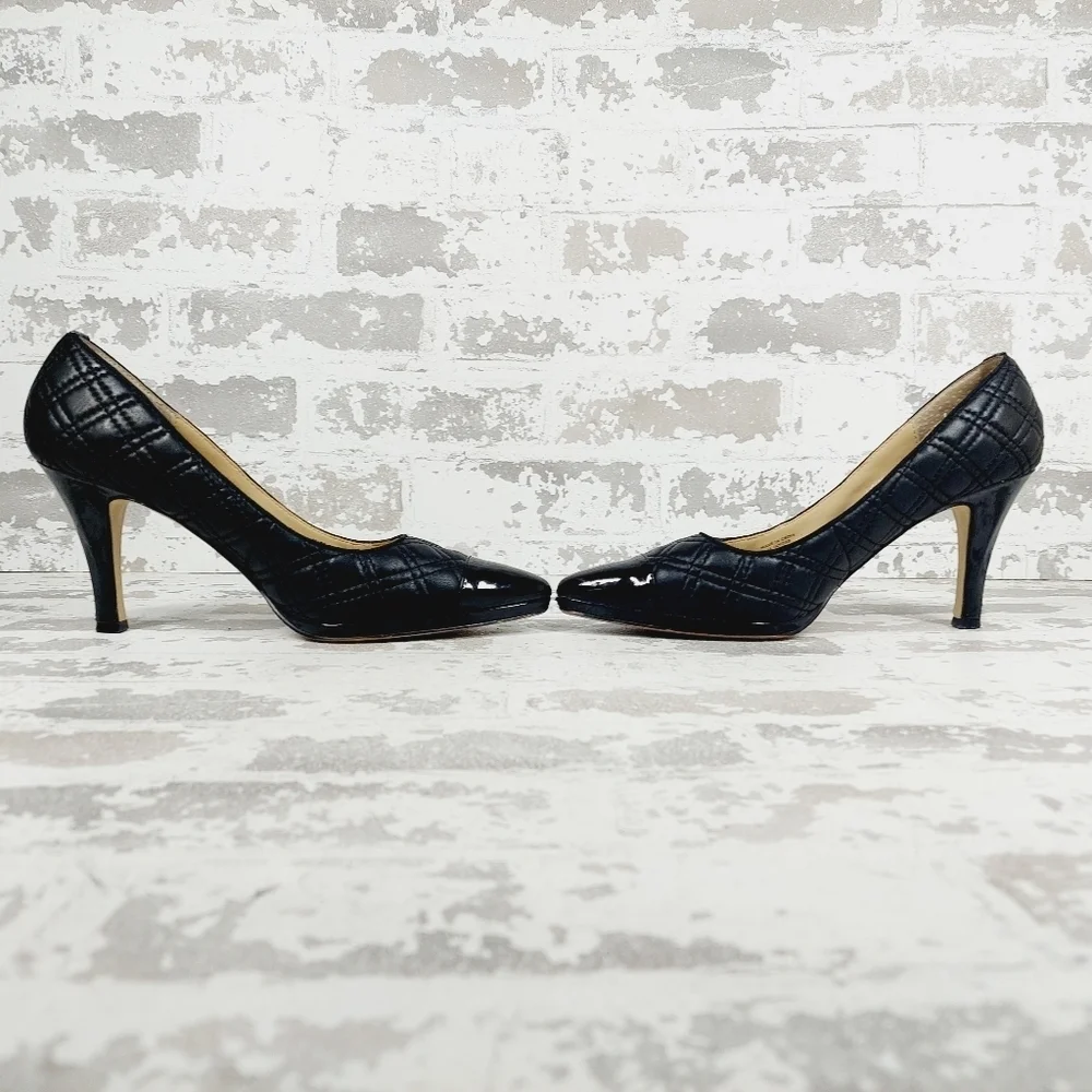 Adrienne Vittadini Jantine Black Quilted Leather Patent Cap Toe Heels E463